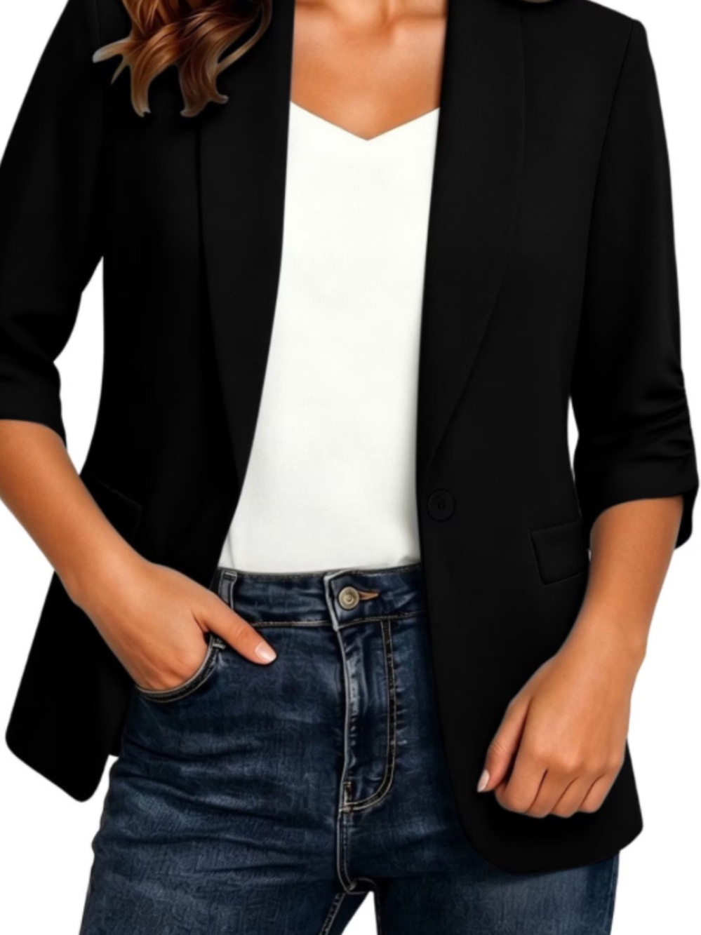 Zara Black Open-Front Three-Quarter Sleeve Blazer